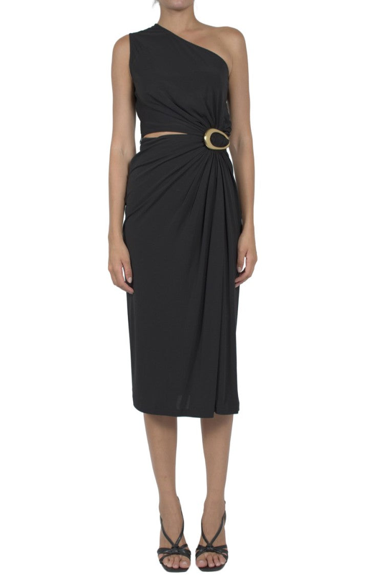 Bottega Veneta Black One-Shoulder Draped Cut-Out Viscose Midi Dress