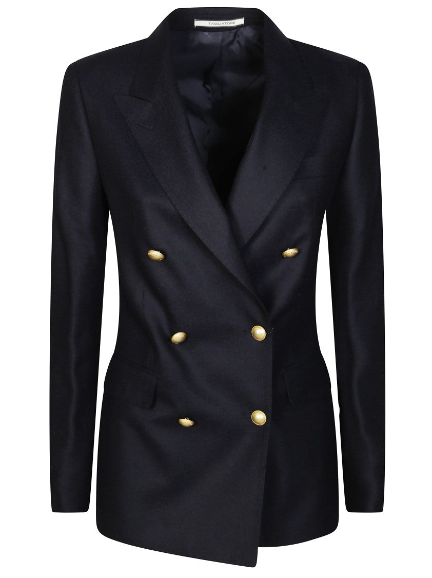 Tagliatore Double-Breasted Blazer With Sharp Lapel And Gold-Tone Buttons