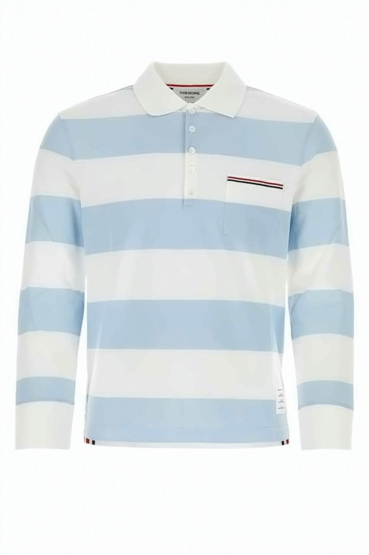 Thom Browne Light Blue And White Striped Polo Shirt With Classic Collar