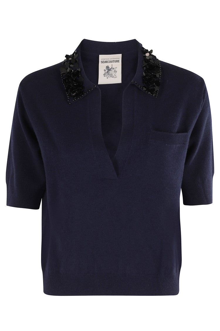 Semi Couture Midnight Polo Shirt With Classic Sequined Collar