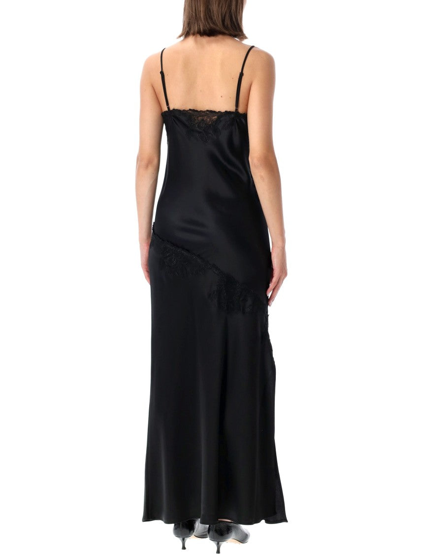 By Malene Birger Long Black Dress With Lace Detailing And Asymmetrical Waist