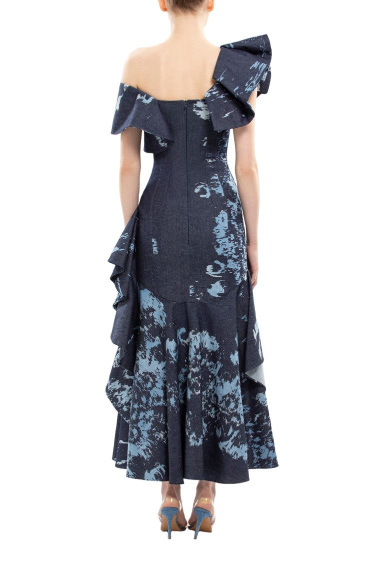 Saiid Kobeisy Layered Printed Denim Midi Dress