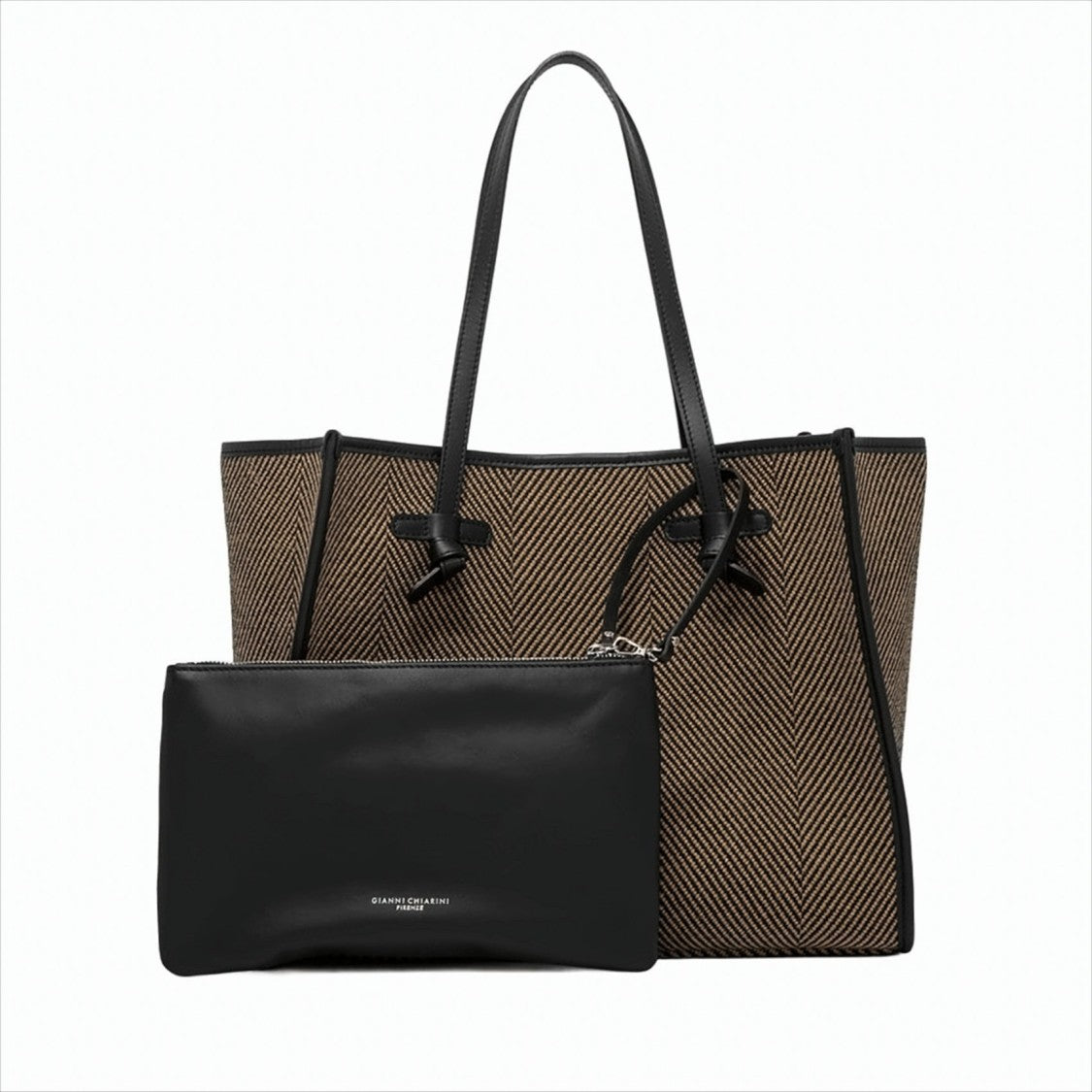 Marcella Herringbone Fabric Tote Bag With Leather Accents