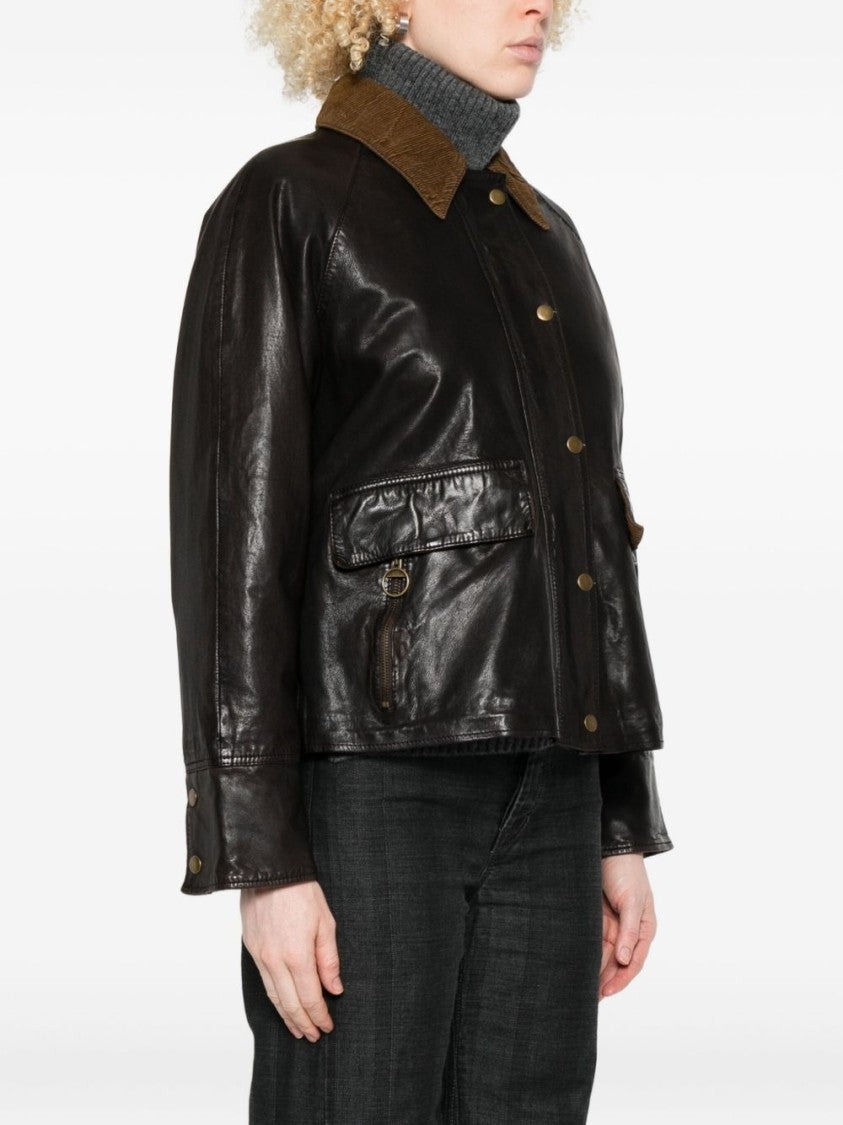 The Jack And Jackie Leathers Brown Leather Jacket With Textured Corduroy Collar