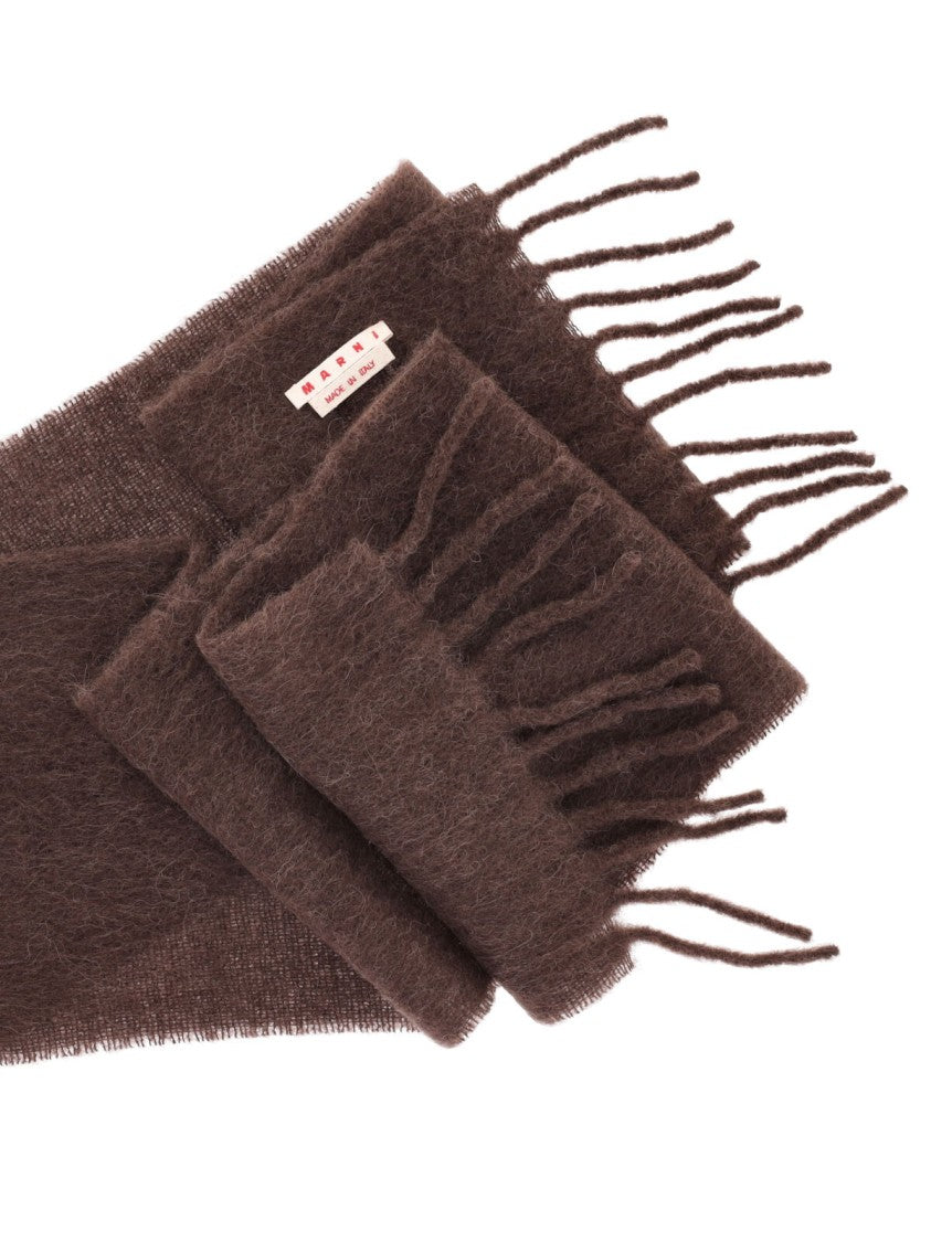 Marni Rectangular Brown Alpaca Blend Scarf With Fringed Edges And Logo Tag