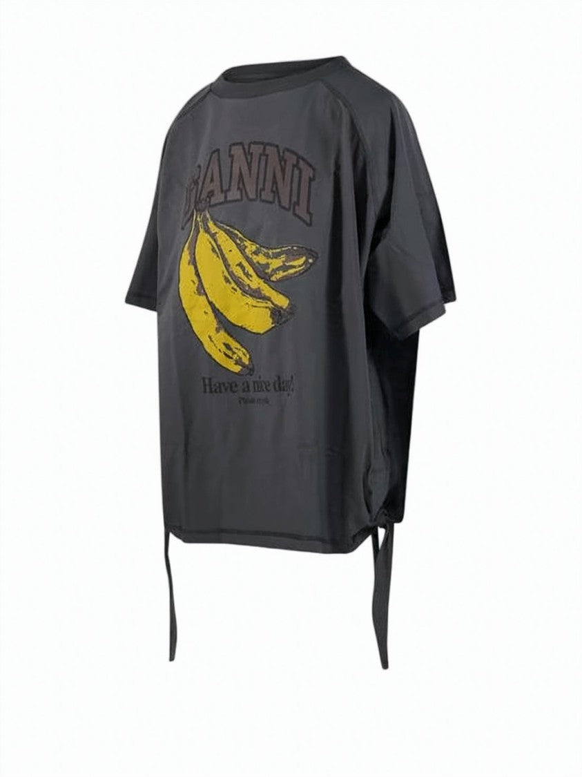 Ganni Cropped Short-Sleeve Top With Adjustable Side Ties And Graphic Print