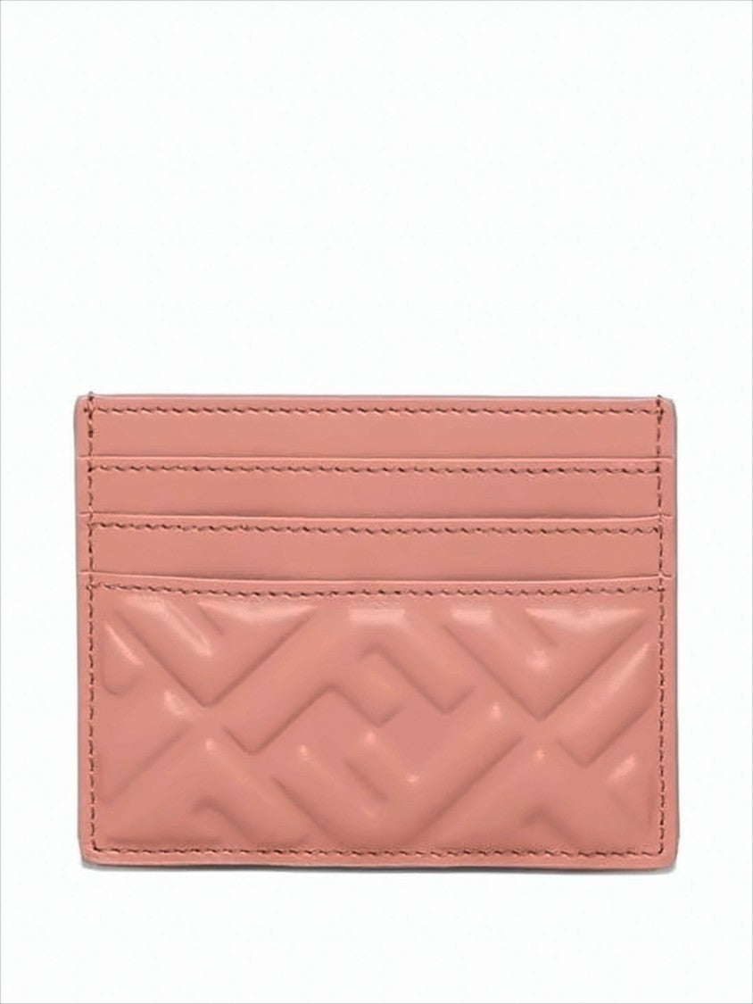Fendi Quilted Pink Lambskin Card Wallet With Geometric Embossing