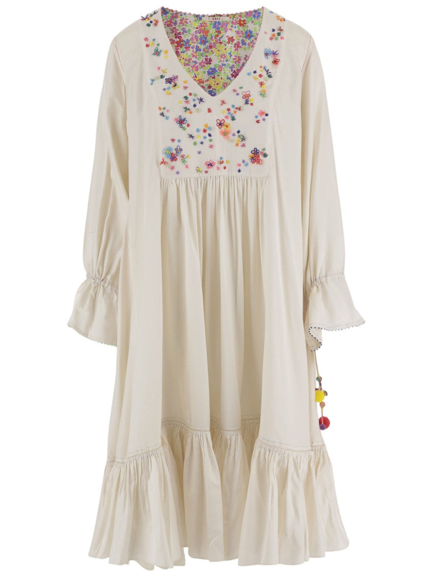 Pero Silk Dress With Embroidered Floral Accents And Flared Hem