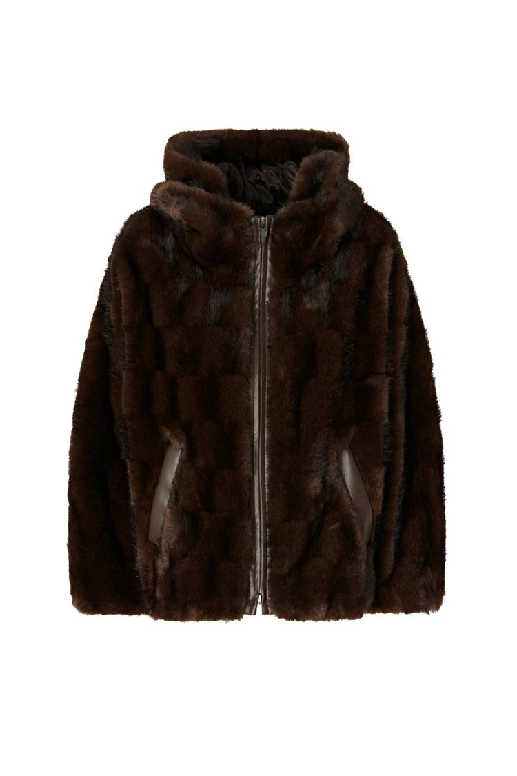 Pinko Brown Polyester Fur-Effect Hooded Jacket