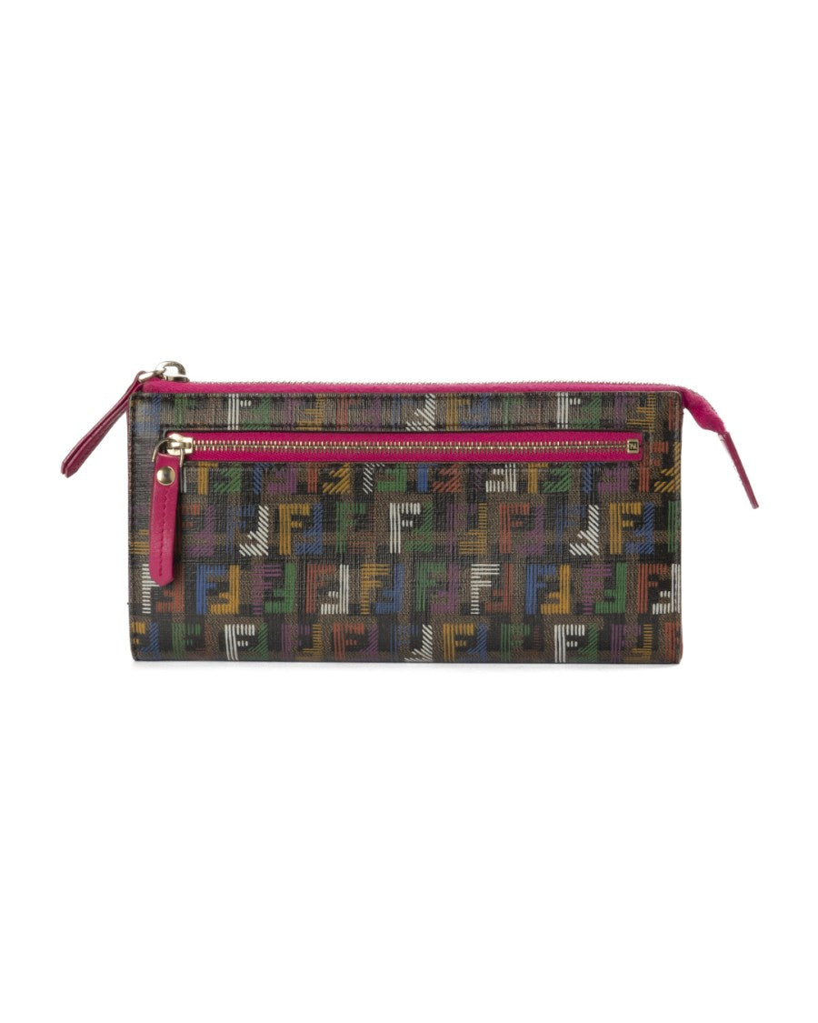 Fendi Rectangular Zip Wallet With Ff Logomania Canvas And Pink Accents