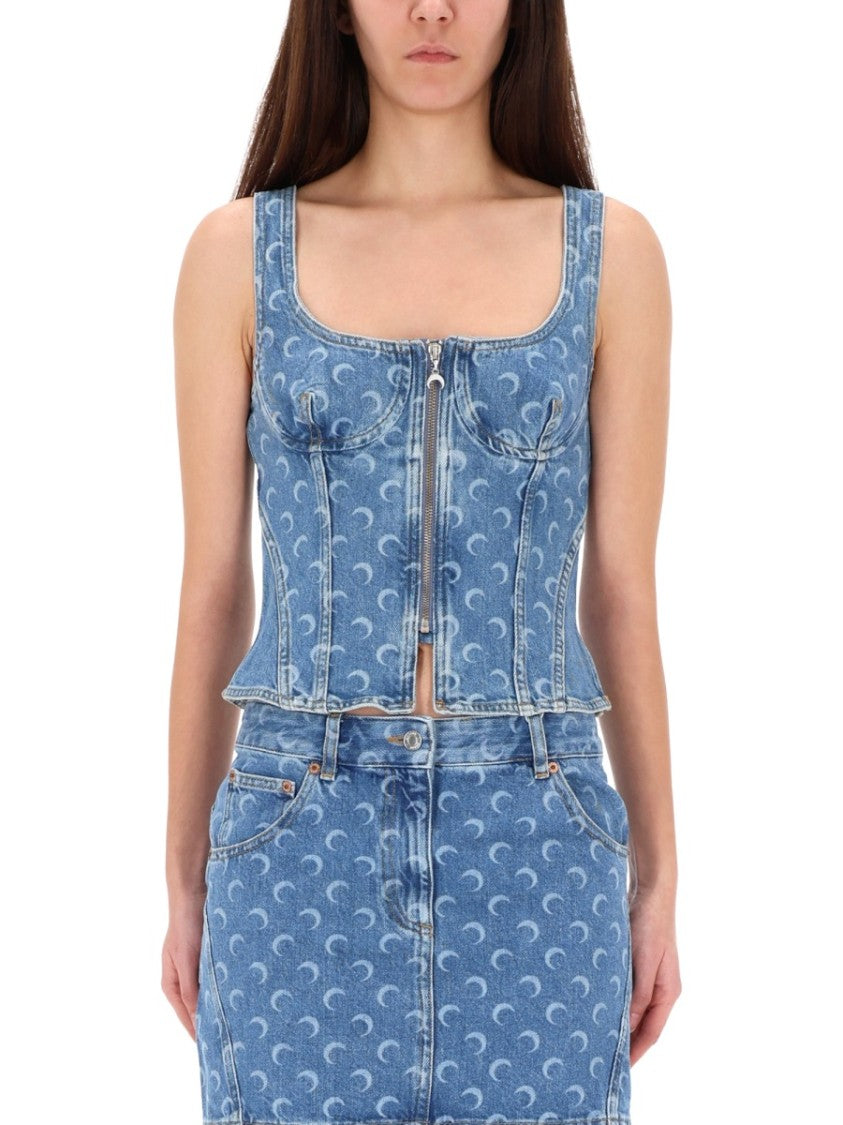 Marine Serre Blue Crescent Moon Denim Top