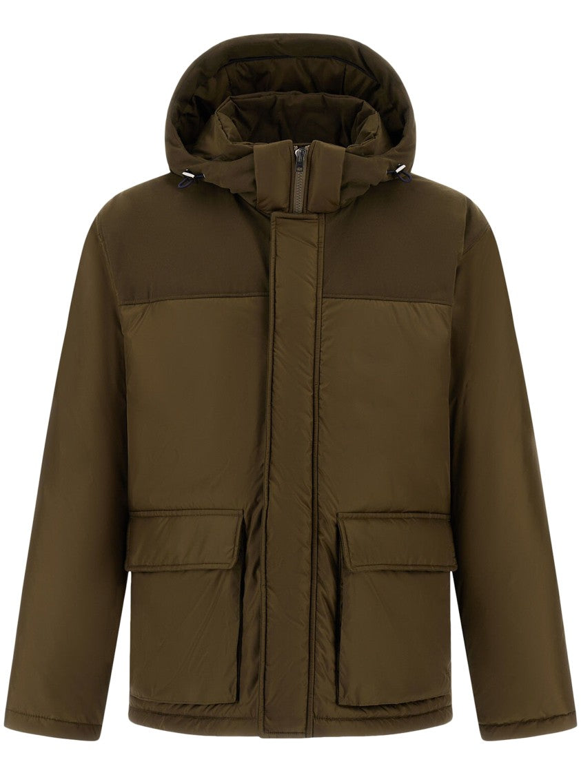Herno Padded Green High Collar Coat With Hood And Boxy Silhouette