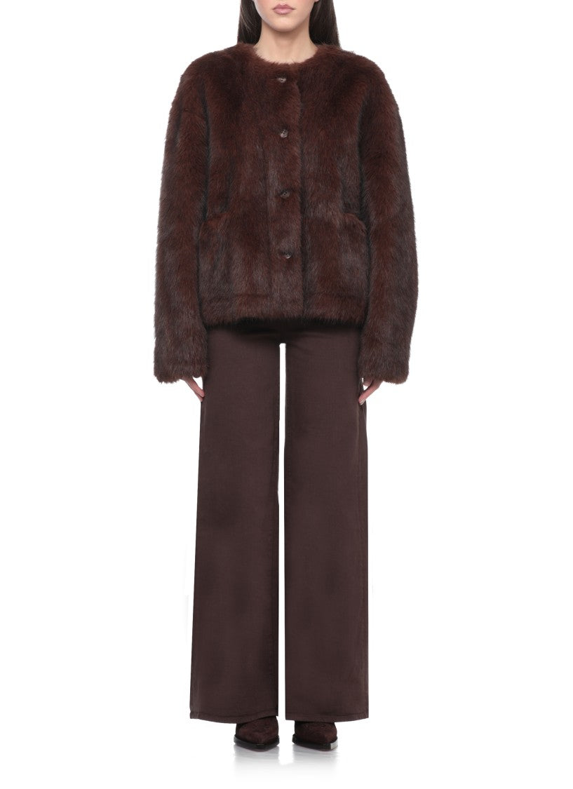 Stand Studio Cropped Brown Faux Fur Jacket With Round Neck