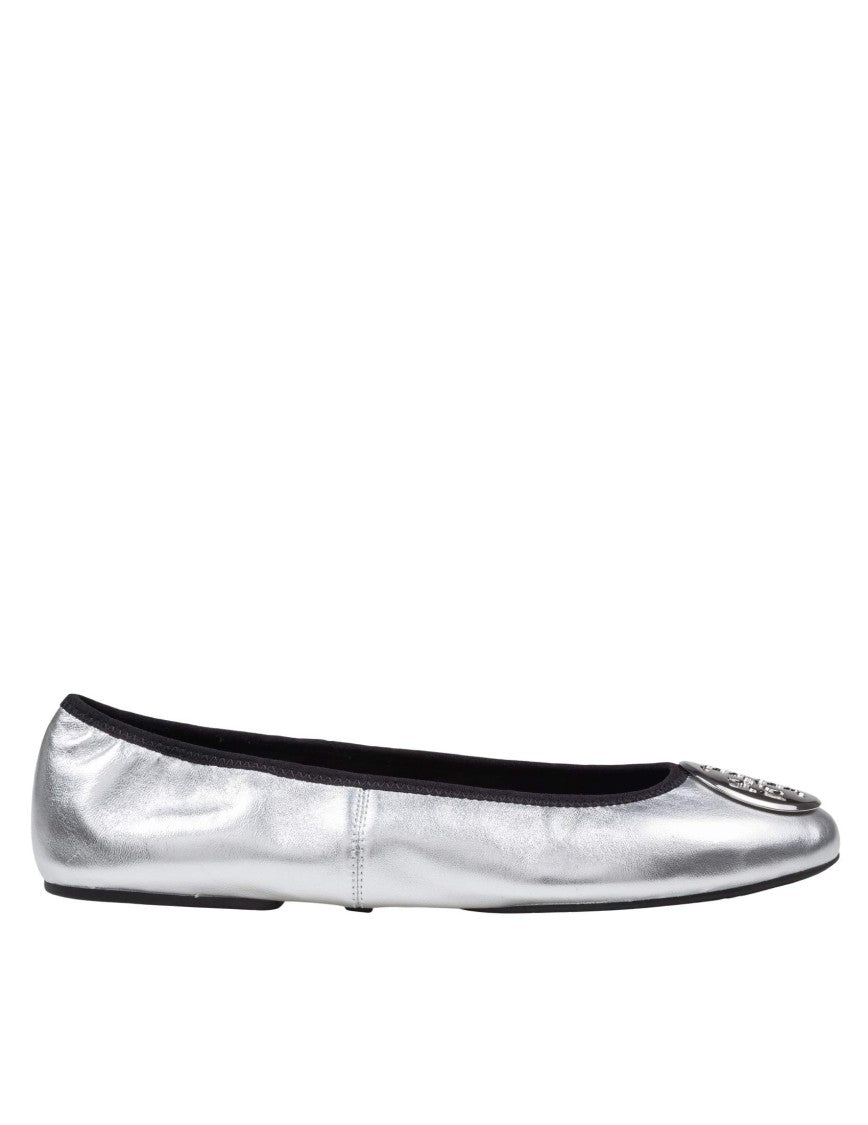 Tory Burch Reva Travel Leather Ballerina Flats In Silver