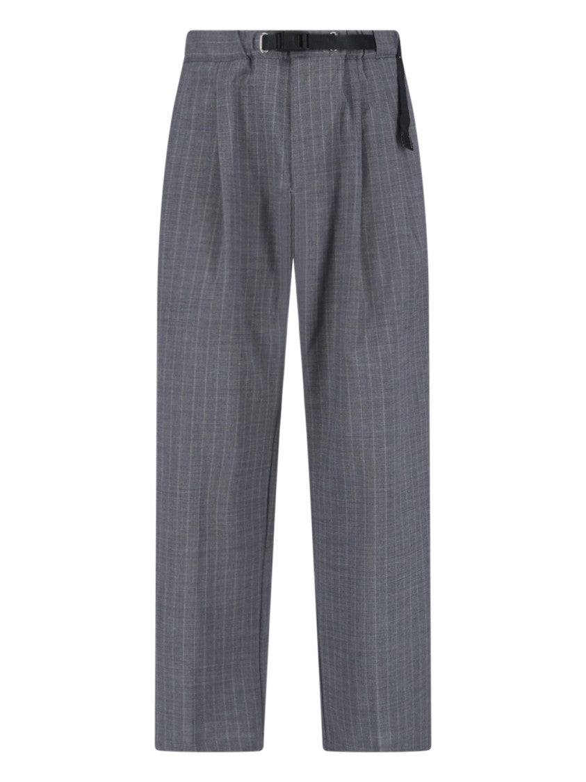 White Sand Grey Pinstripe Straight-Leg Wool Trousers