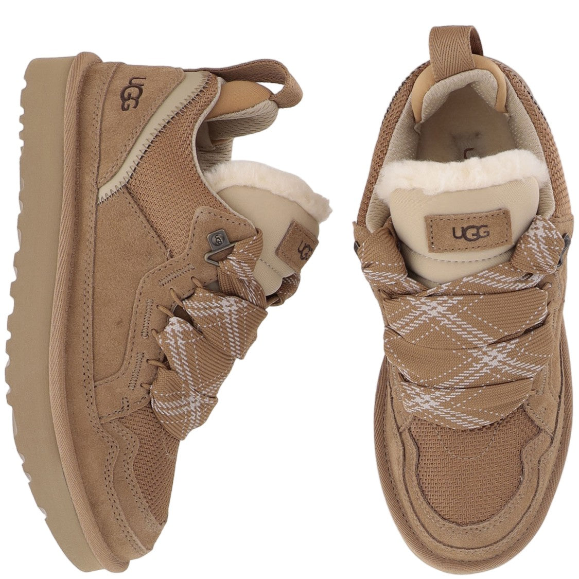 Ugg Lowmel Beige Leather Mesh Plush Wool Lining Sneakers