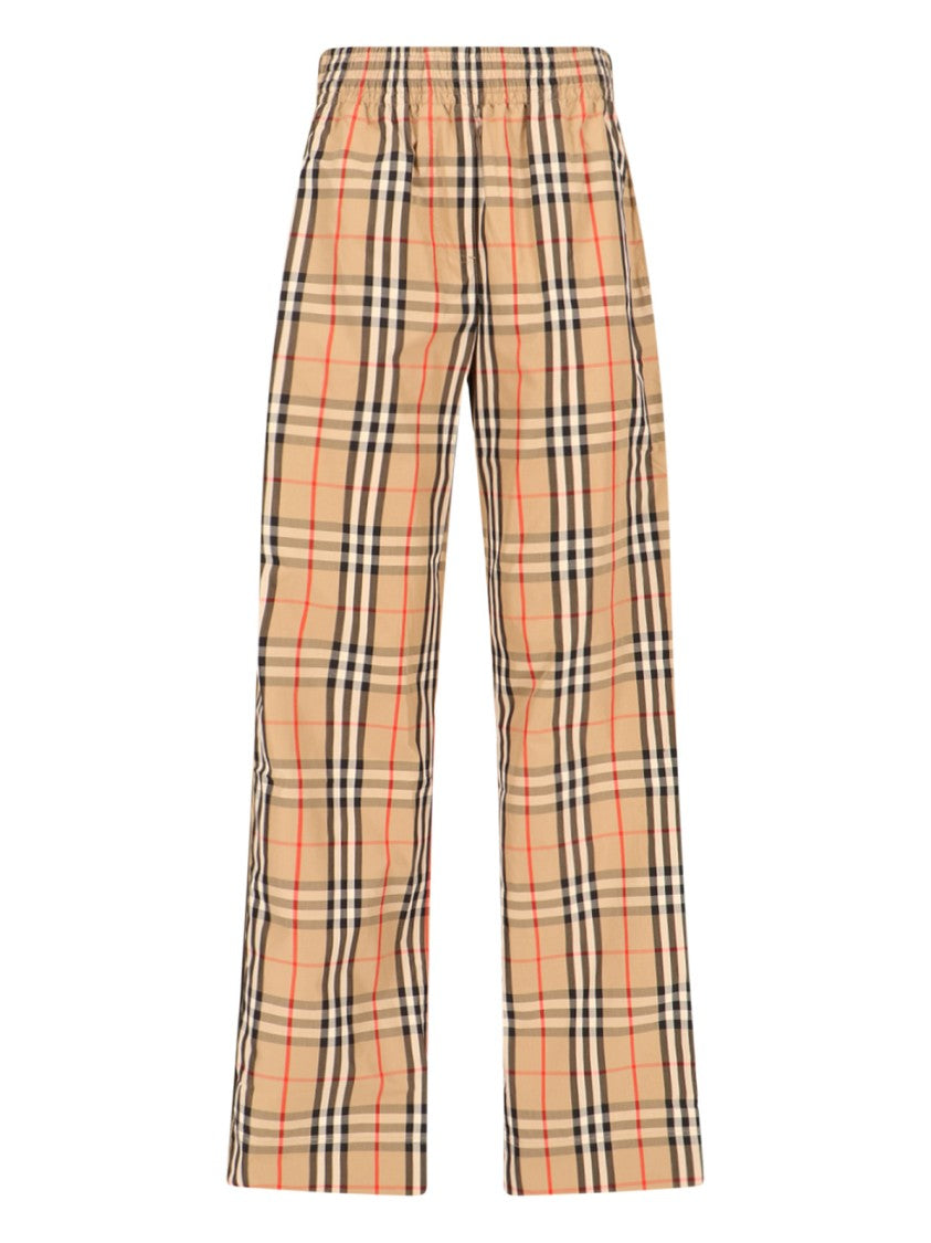Burberry Beige Cotton Sport Pants With Multicolor Check Pattern And Contrast Stripes