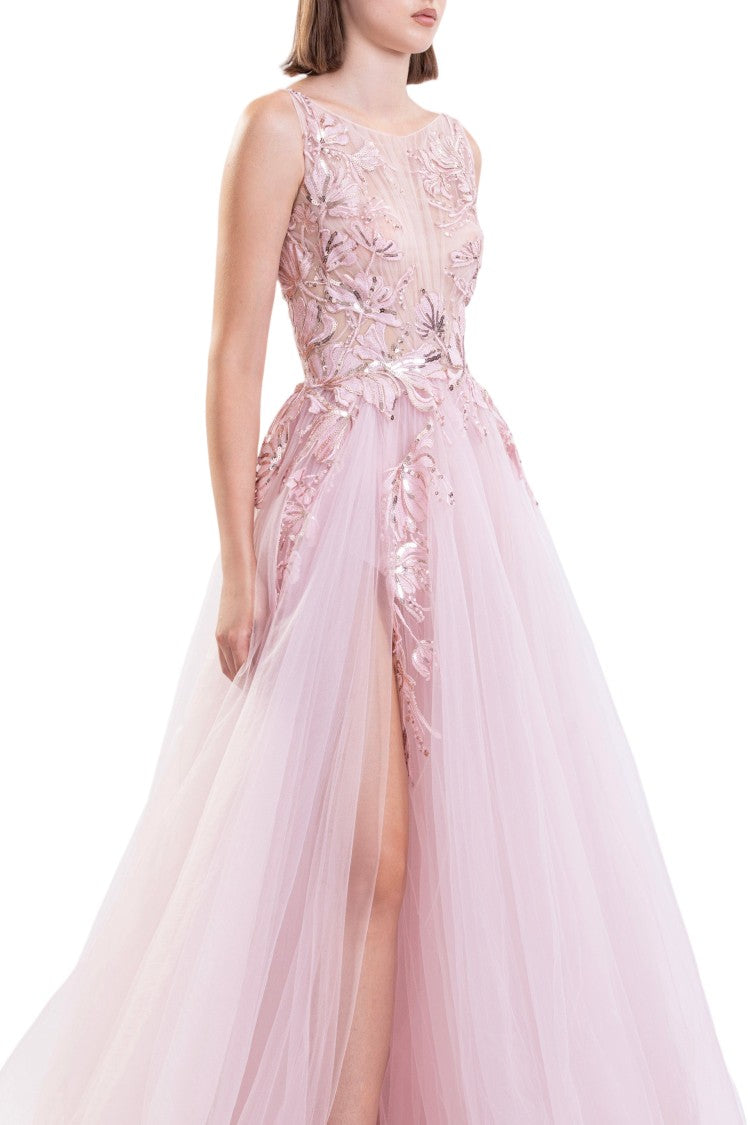 Saiid Kobeisy Dandelion-Embroidered Tulle Evening Dress