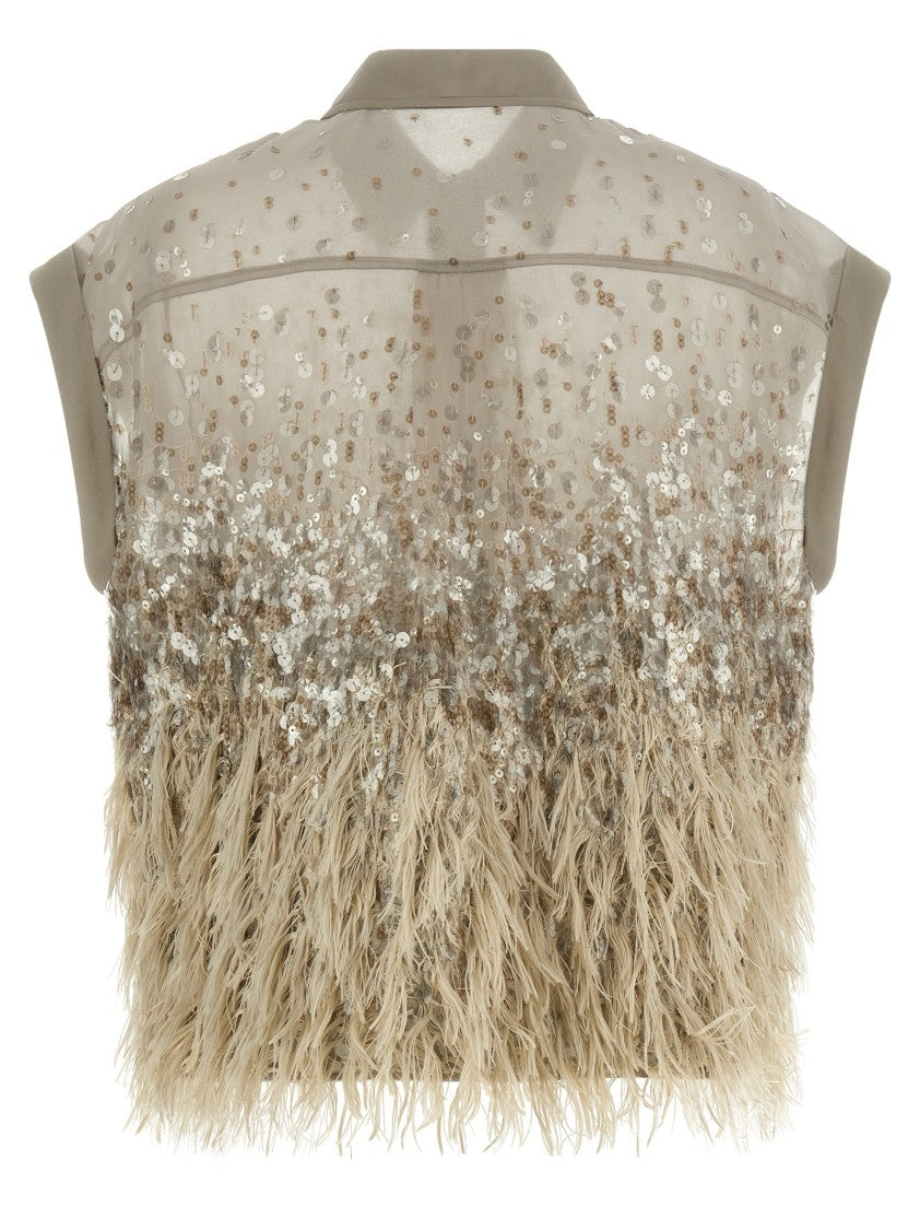 Brunello Cucinelli Organza Short-Sleeved Shirt With Sequin Embroidery And Fringed Hem
