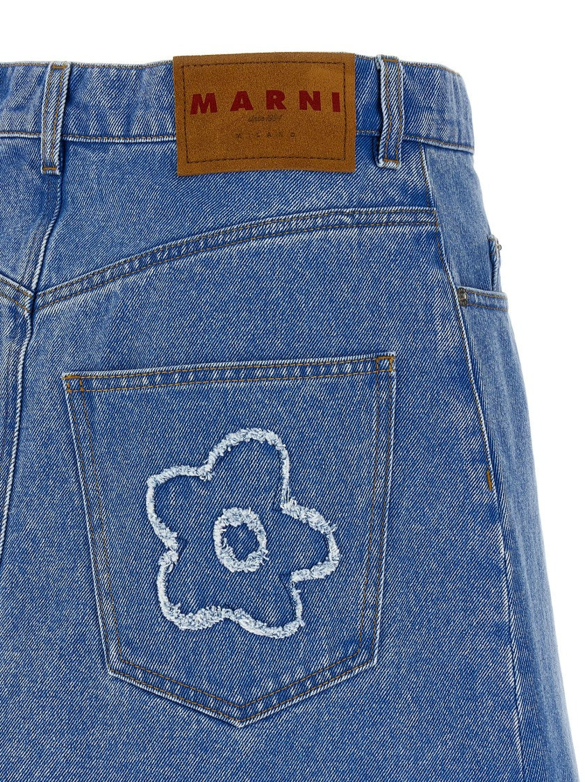 Marni Denim Mini Skirt With Floral Patch Detail And Frayed Hem