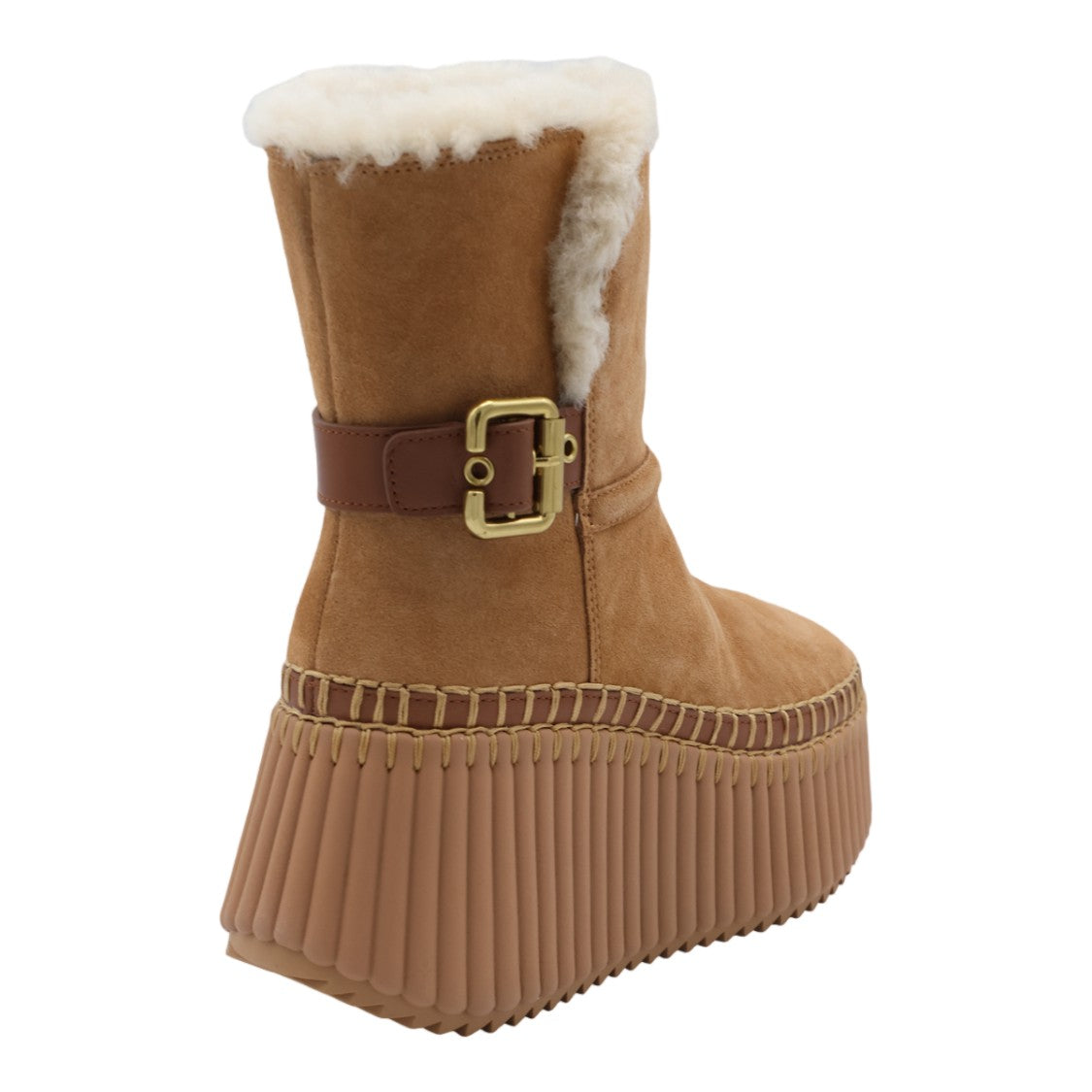 Chloé Suede Shearling Lined Gold Buckle Platform Boots