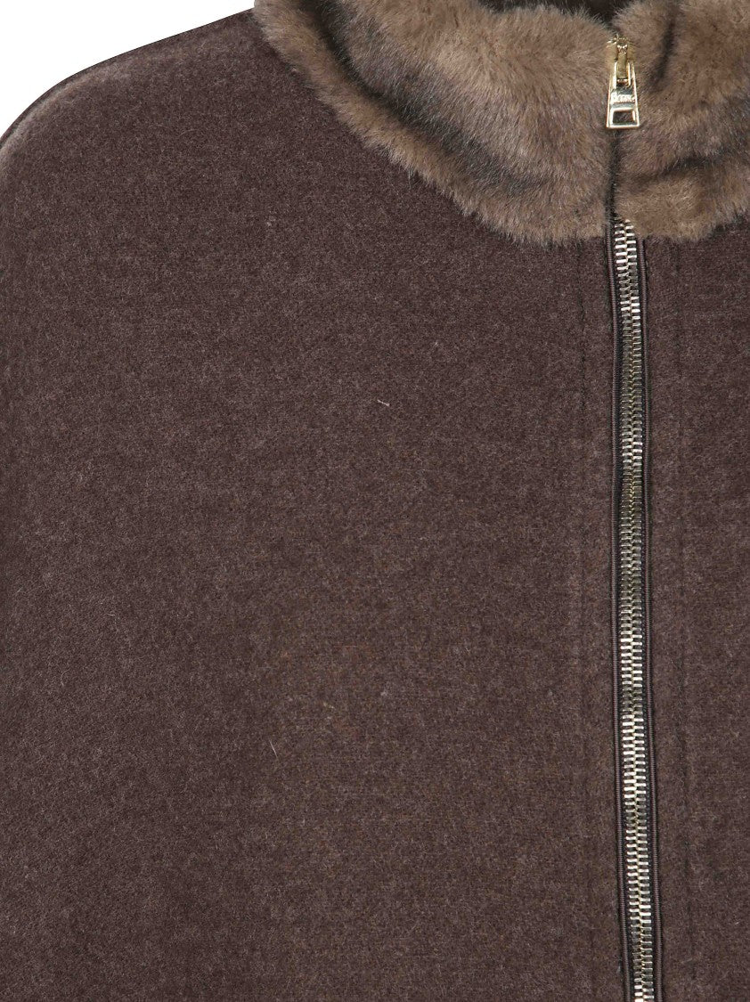 Herno Plush Fur Collar Fringed Cape