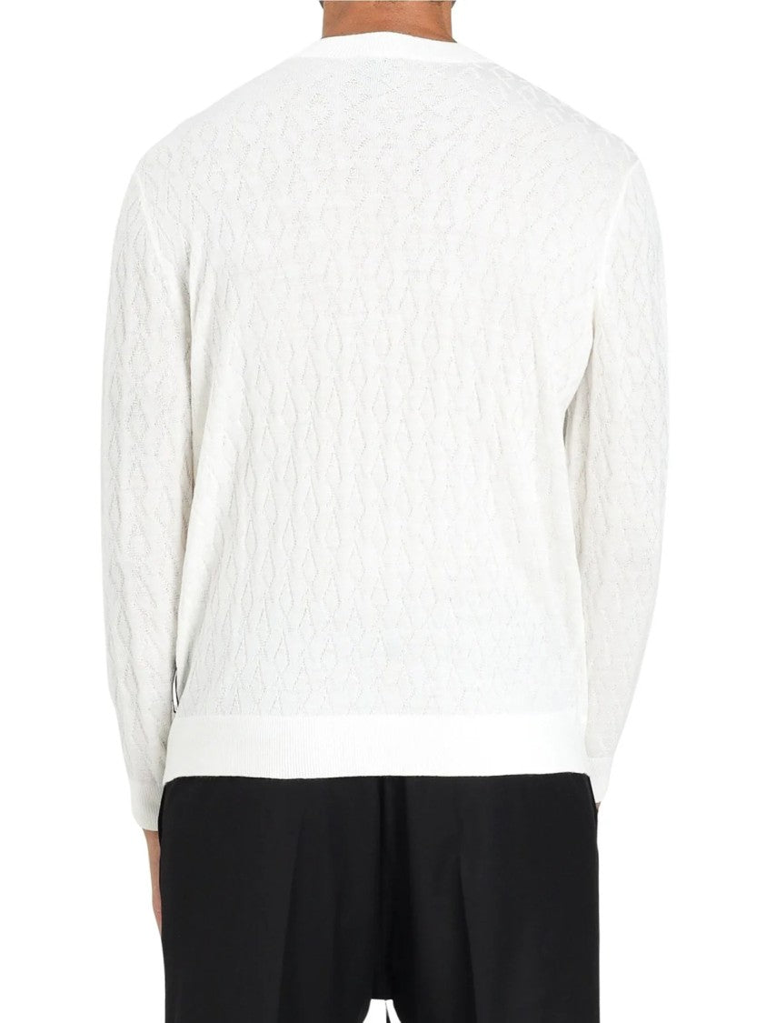 Armani Exchange White Textured Knit Virgin Wool-Blend Crewneck Sweater
