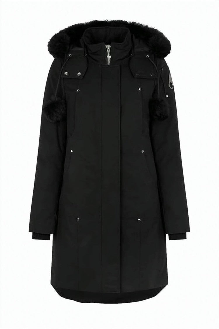 Moose Knuckles Long Black Padded Coat With Detachable Faux Fur Hood