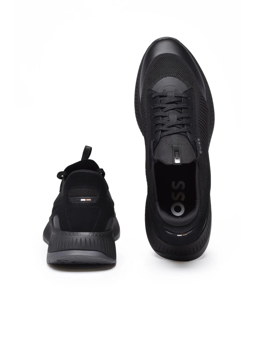 Boss Black Leather-Blend Knit Sneakers