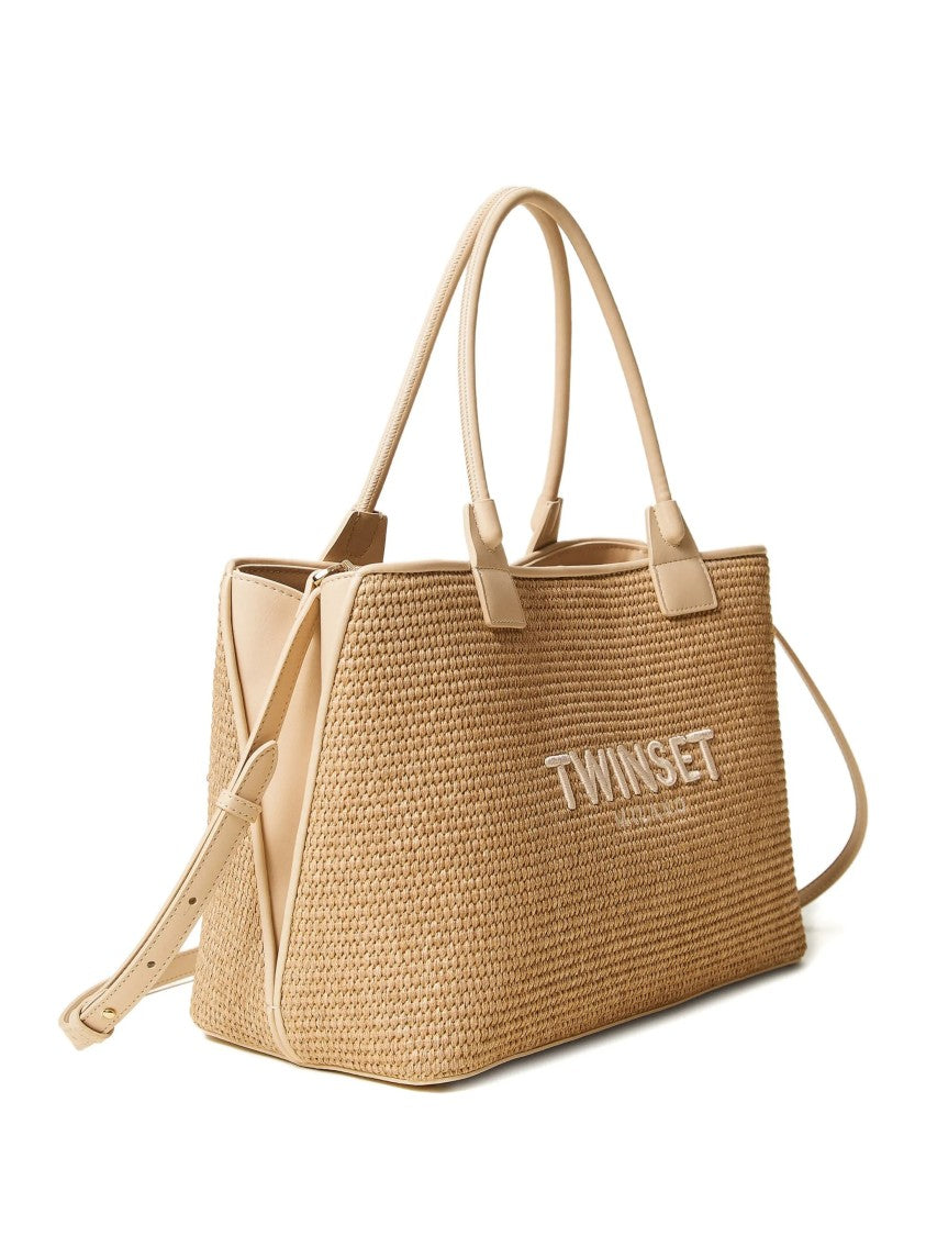 Twin-Set Beige Rectangular Woven Tote