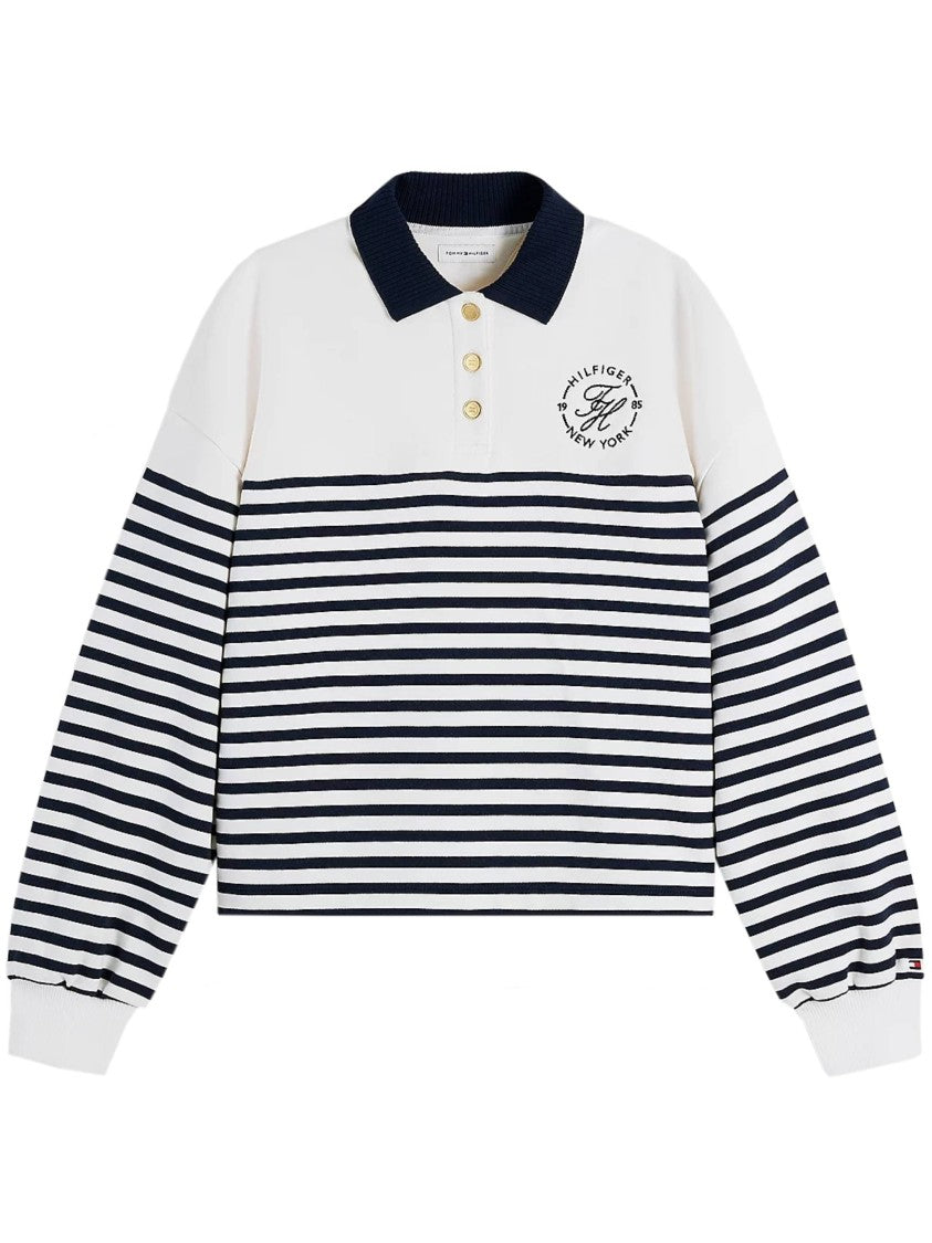 Tommy Hilfiger Striped Cotton Roundal Collar Cropped Sweatshirt