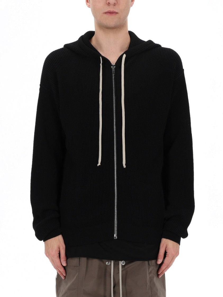 Rick Owens Black Ribbed Knit Wool Hoodie