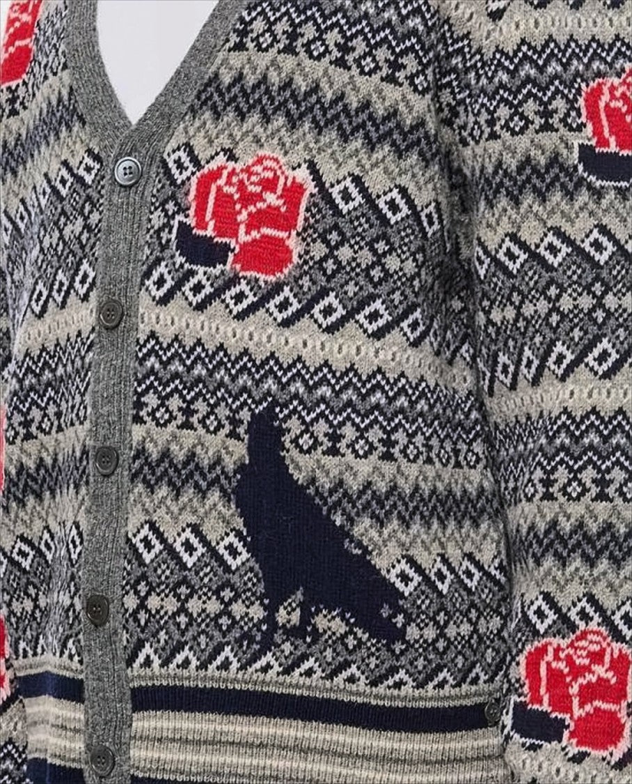 Thom Browne Classic V-Neck Cardigan With Rose And Bird Motif
