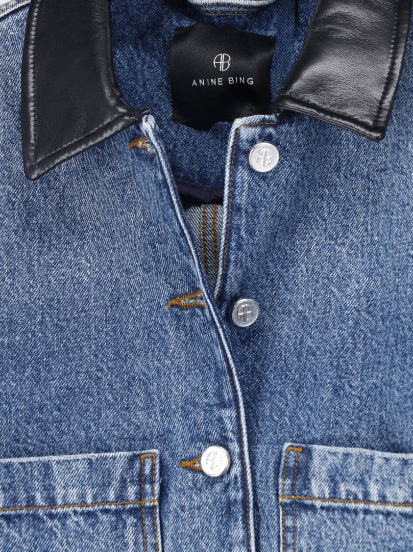 Anine Bing Cropped Blue Denim Jacket With Black Leather Collar