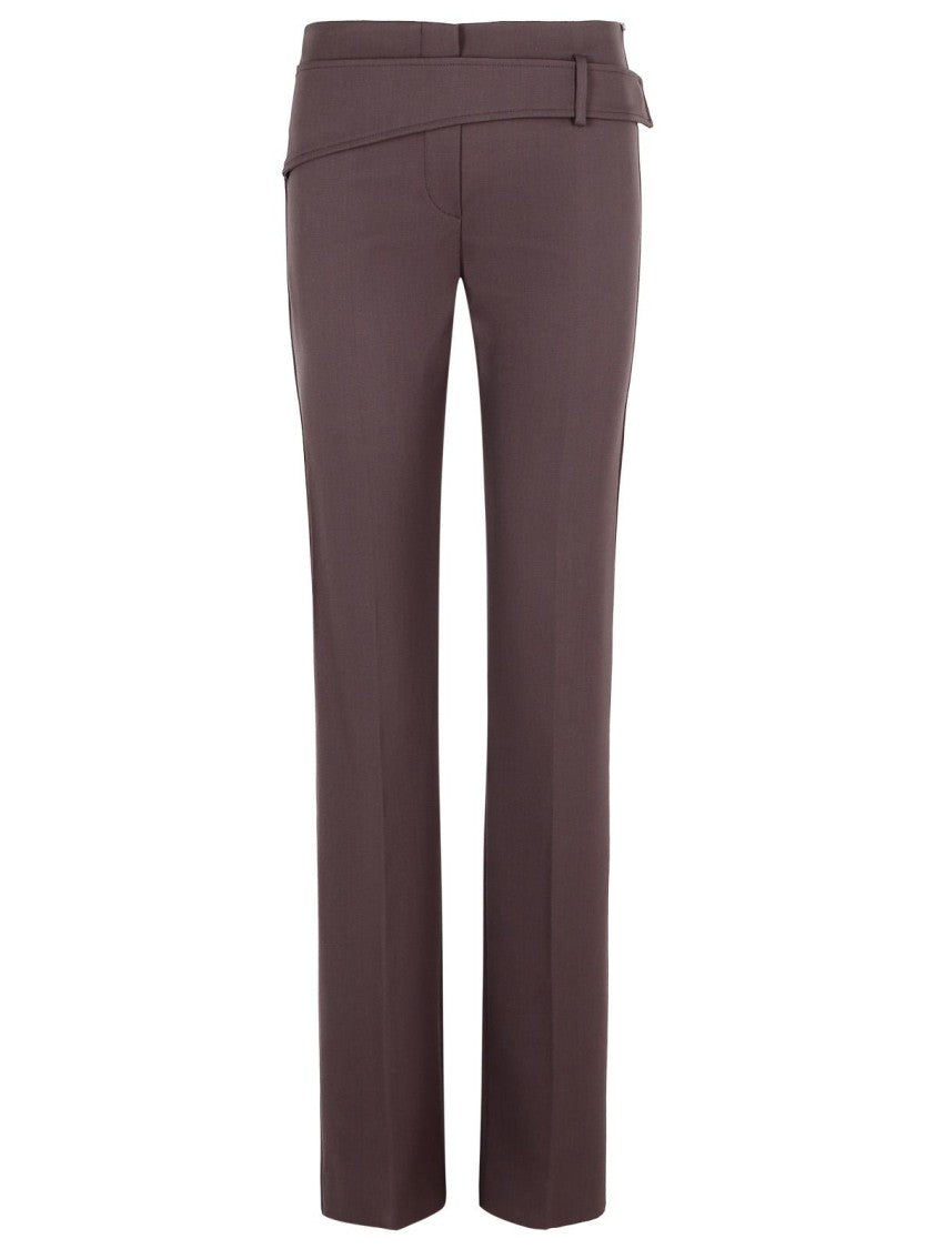 Sportmax 'Banda' Slim Trousers With Asymmetric Belt In Coffee Virgin Wool Blend
