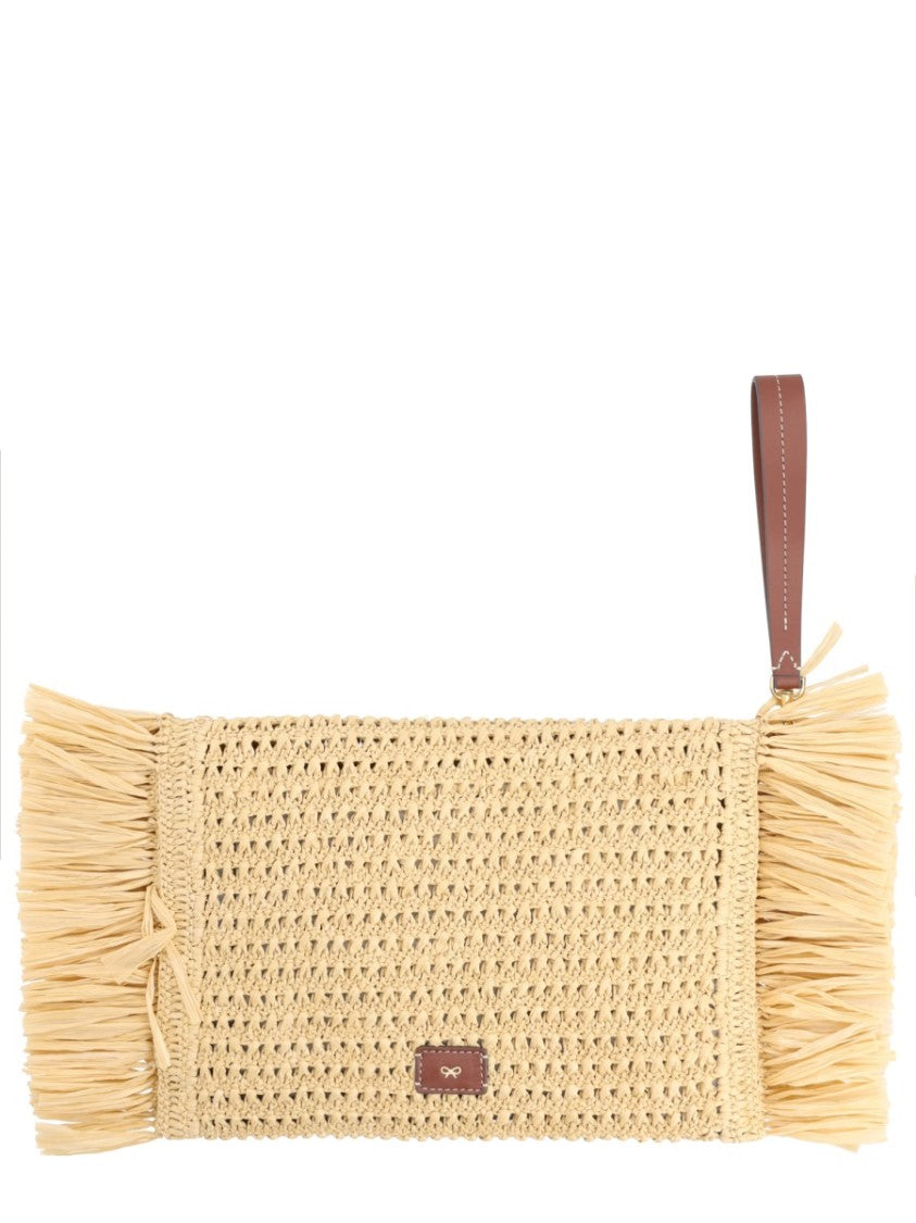 Anya Hindmarch Natural Oversized Fringed Woven Raffia Clutch