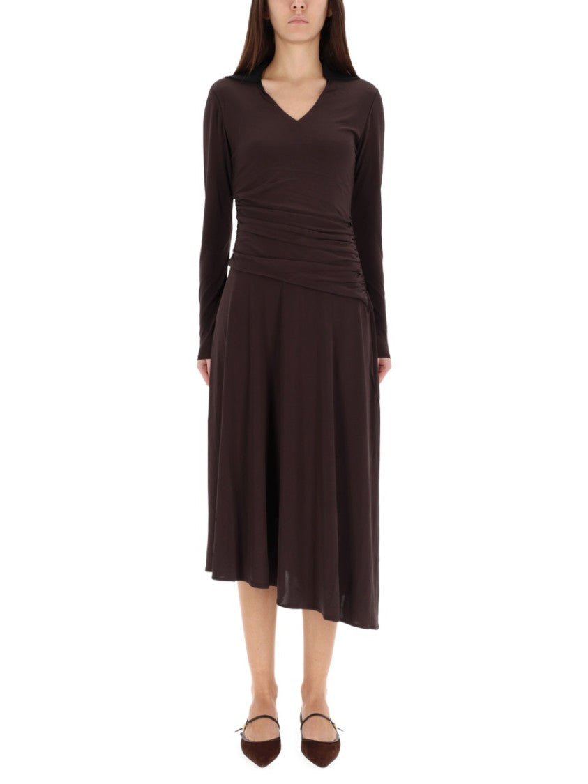 Tory Burch Ruched Midi Dress With Deep V-Neckline