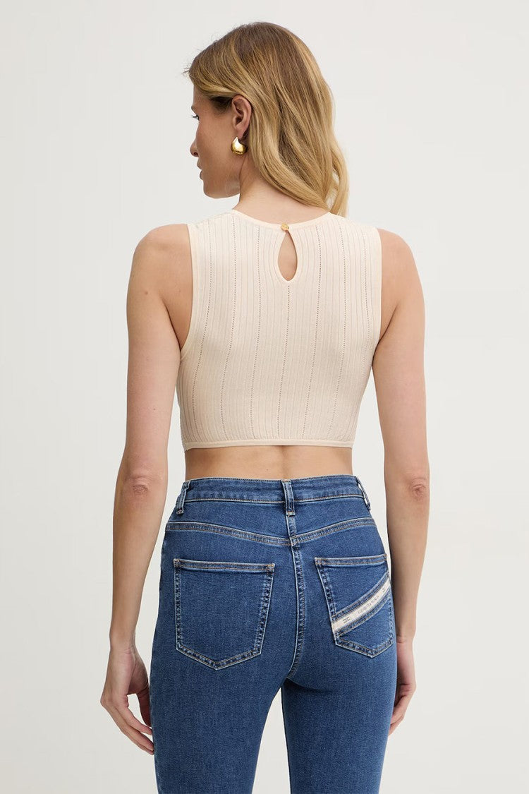 Elisabetta Franchi Ivory Wrap-Front Gold Bar Keyhole Viscose-Blend Tank Top