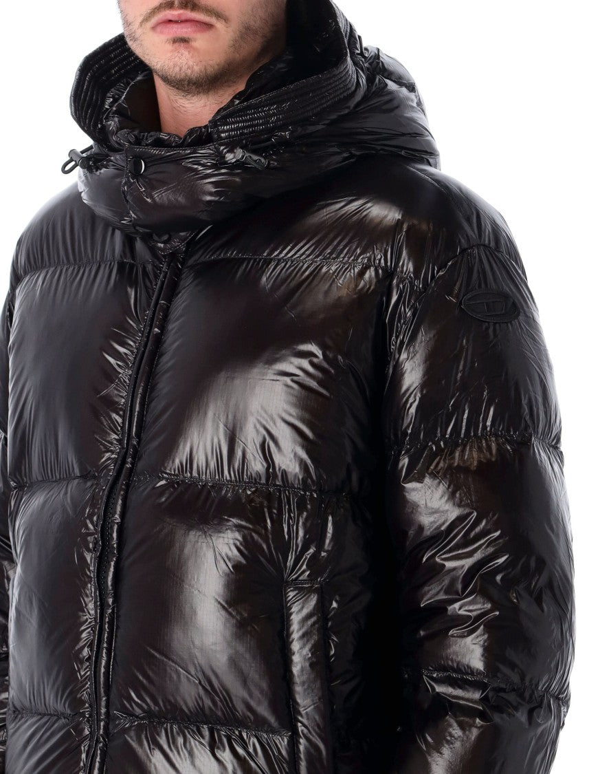 Diesel High-Collared Black Quilted Puffer Jacket With Glossy Finish