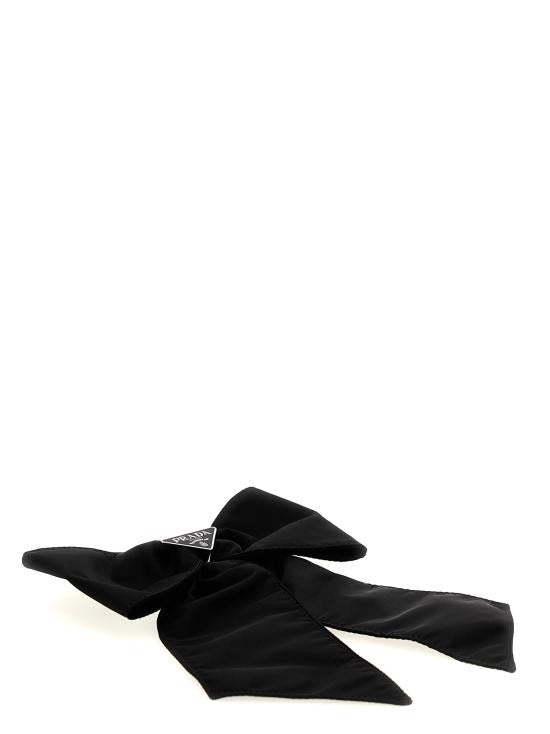 Prada Large Black Fabric Bow Hair Accessory With Triangular Logo Plaque