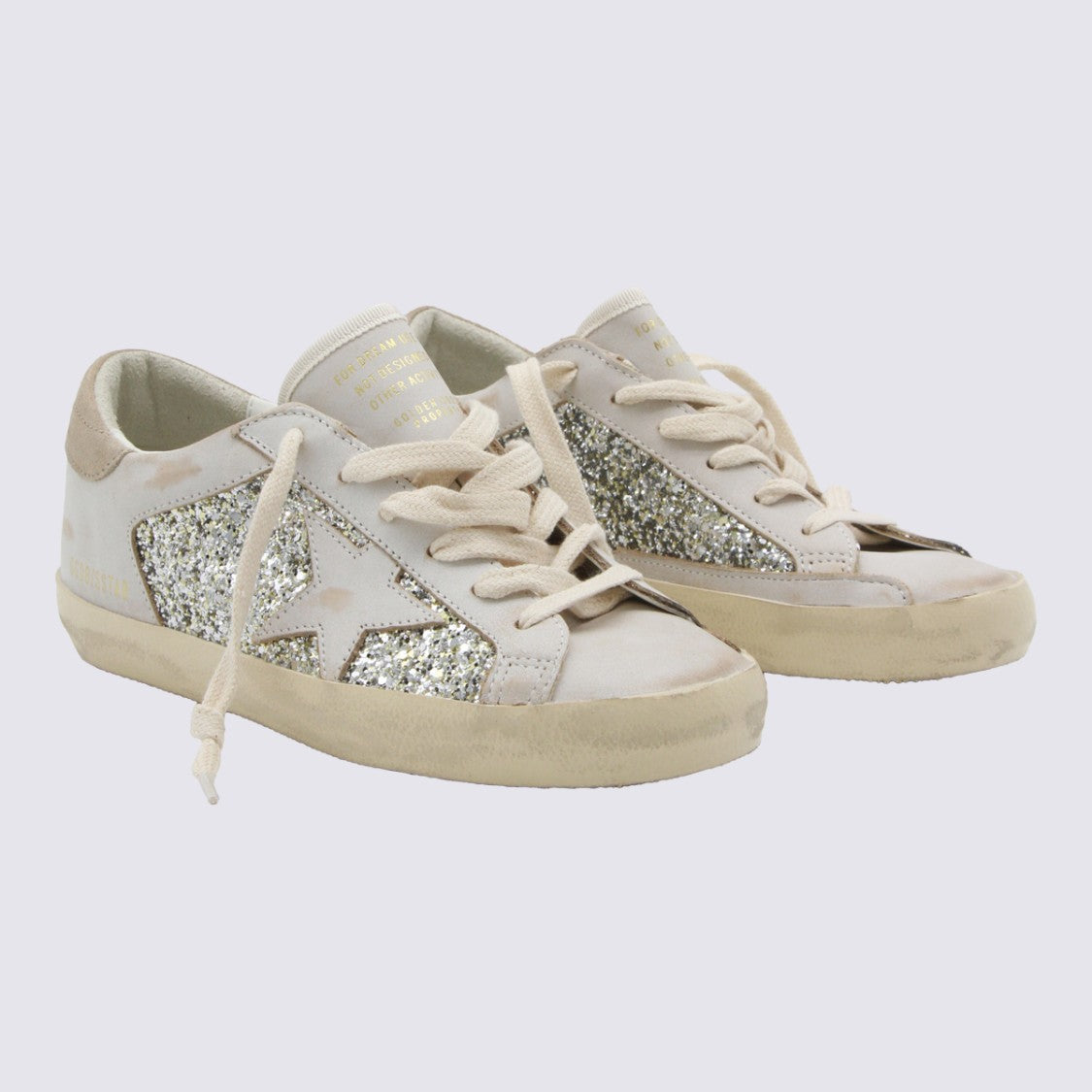 Golden Goose Distressed White Sneakers With Glitter Accents