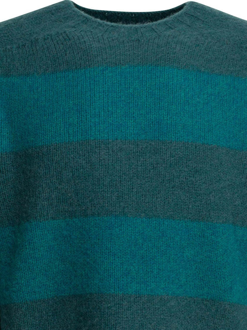 Beams Plus Wide Stripe Knit Sweater In Dark Teal And Deep Grey-Green