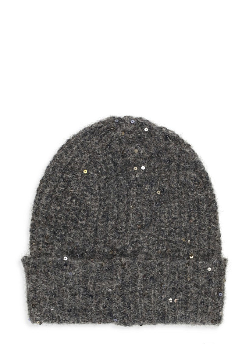 Panicale Dark Grey Wool-Blend Folded Cuff Paillettes Beanie Hat