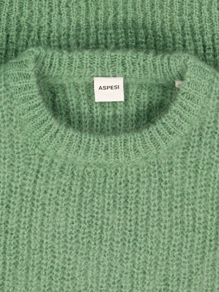 Aspesi Green Mohair-Wool Ribbed Crewneck Sweater