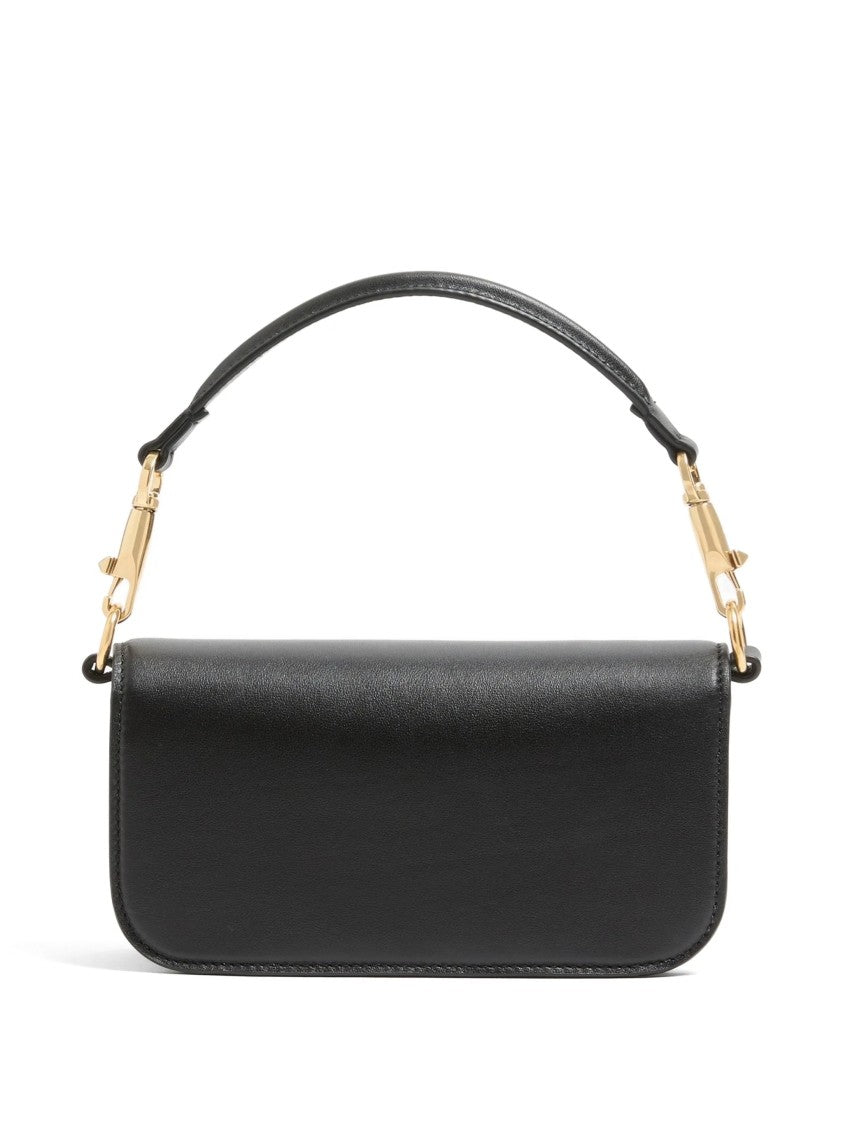 Valentino Structured Black Leather Shoulder Bag With Oval Logo Emblem