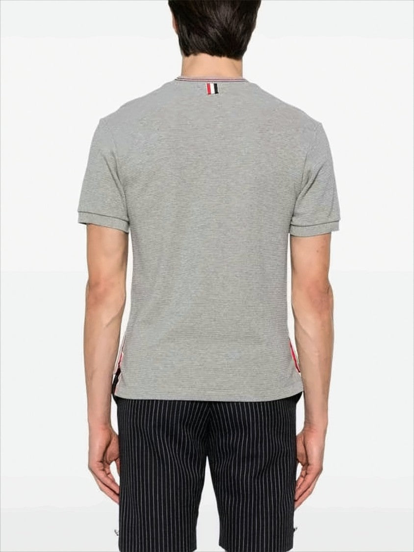 Thom Browne Short-Sleeve Cotton T-Shirt With Striped Neckline And Snap Hem
