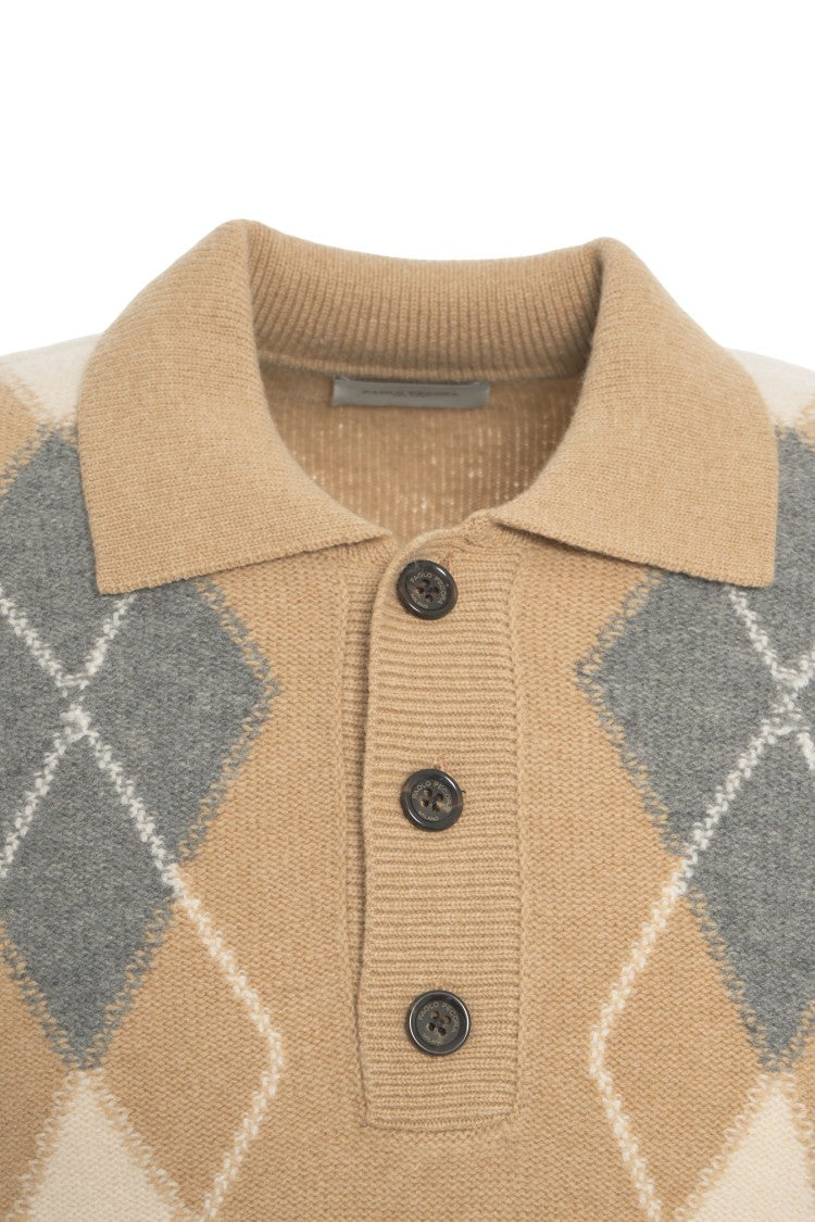 Paolo Pecora Beige Argyle Knit Polo With Ribbed Finish