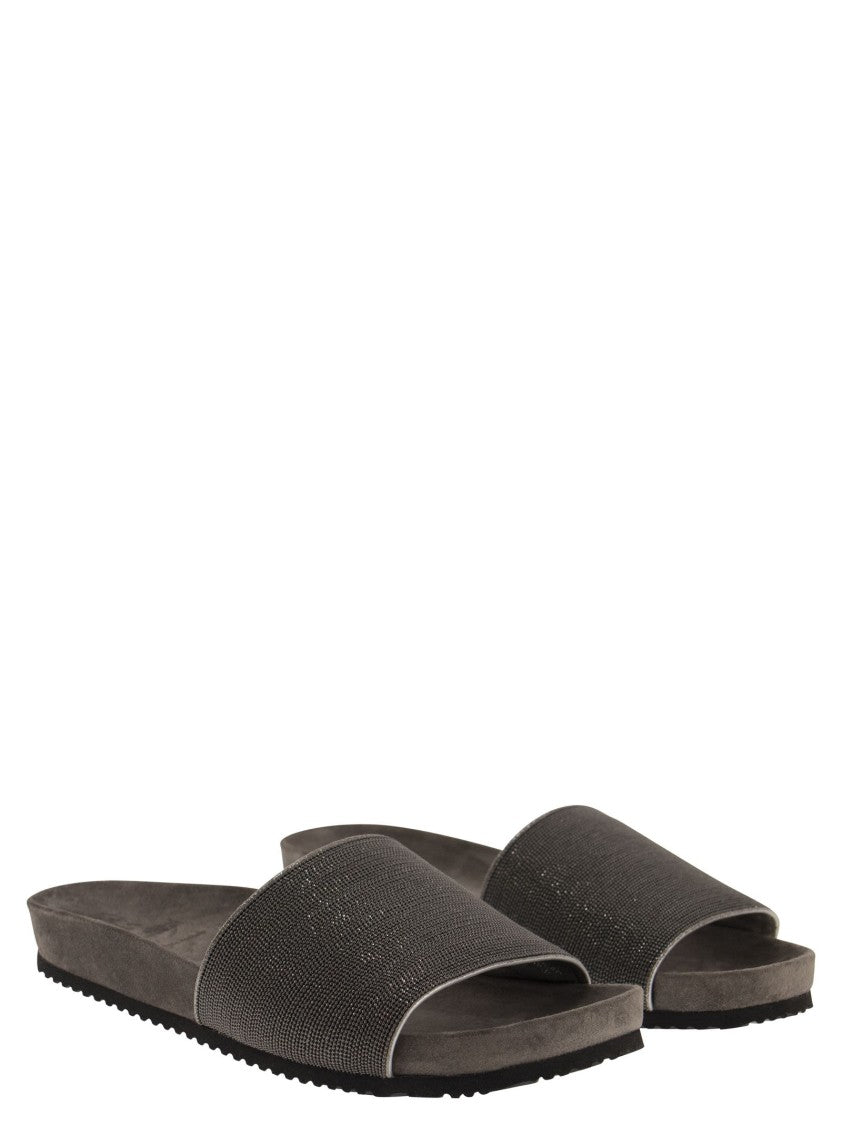 Brunello Cucinelli Lignite Slides With Embroidered Monili Embellishment