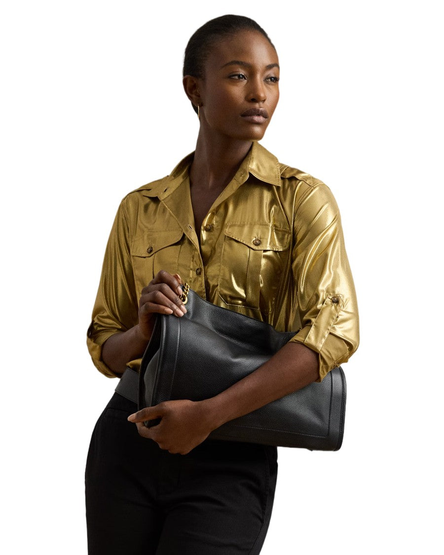 Lauren Ralph Lauren Structured Black Handbag With Gold-Tone Chain Detail