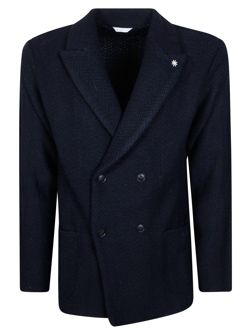 Manuel Ritz Burgundy Double-Breasted Herringbone Jacket